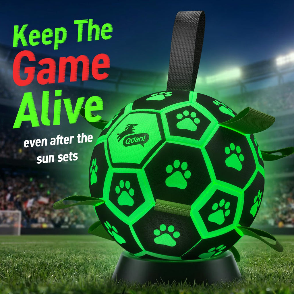 QDAN Glow in The Dark Dog Toys Soccer Ball with Straps, Outdoor Interactive Dog Toys Puppy Birthday Gifts, Dog Tug Water Toy, Light Up Dog Balls for Small & Medium Dogs（6 Inch Size 2）