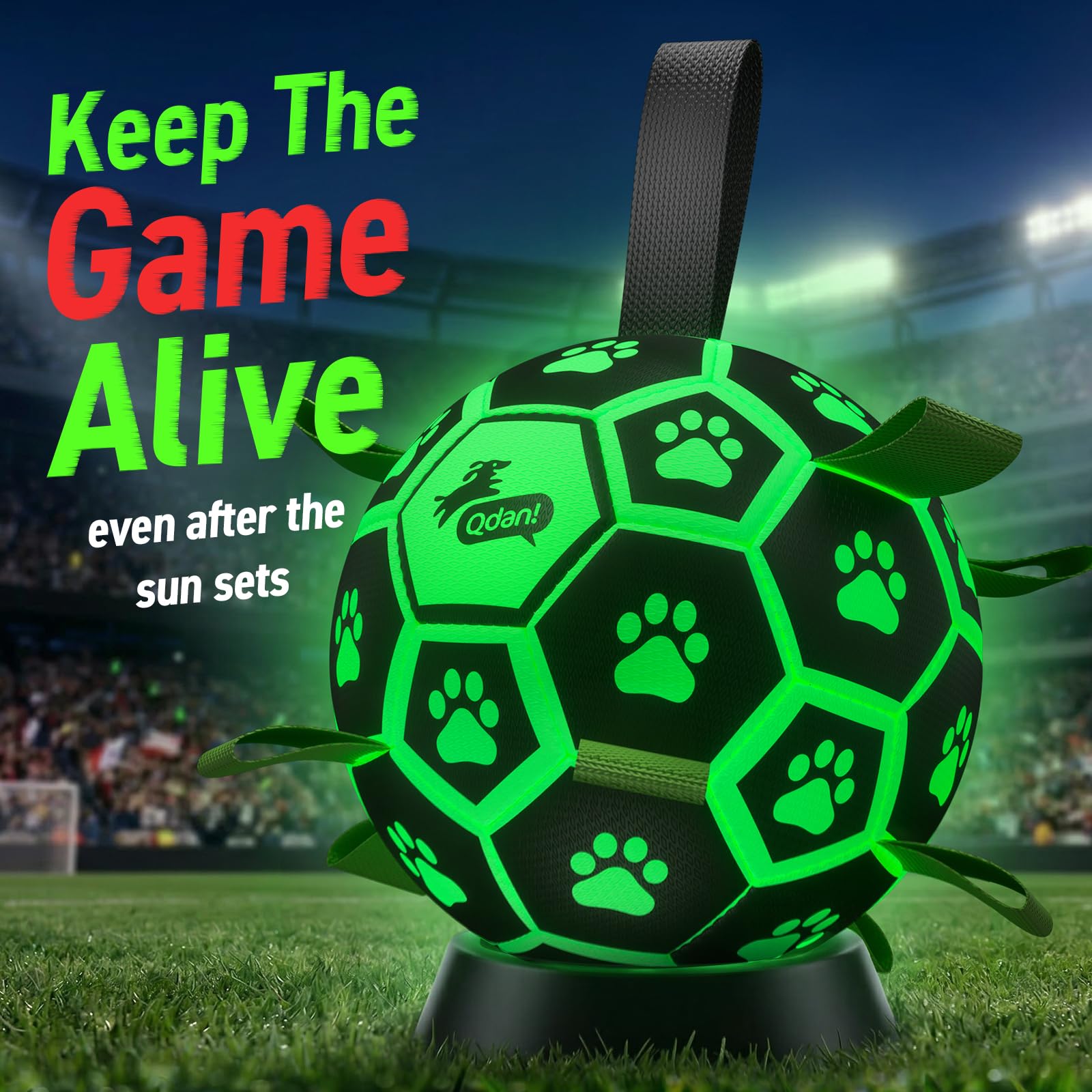 QDAN Glow in The Dark Dog Toys Soccer Ball with Straps, Outdoor Interactive Dog Toys Puppy Birthday Gifts, Dog Tug Water Toy, Light Up Dog Balls for Small & Medium Dogs（6 Inch Size 2）