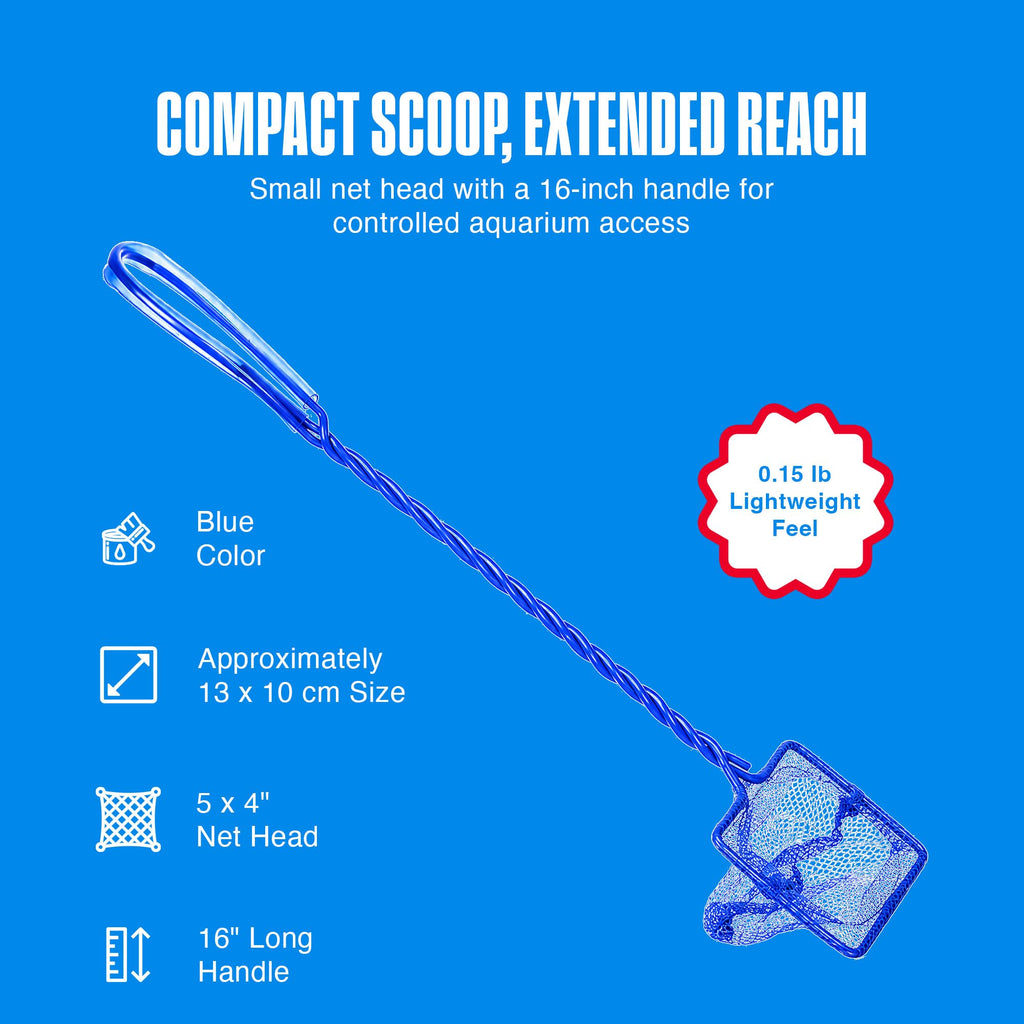 Penn-Plax Quick-Net Aquarium Fish Net - 5 x 4 in Fine Mesh, 16 in Vinyl-Covered Braided Long Handle - Small Aquarium Cleaning Tool for Gentle Fish Handling - Use in Freshwater & Saltwater Tanks - Blue
