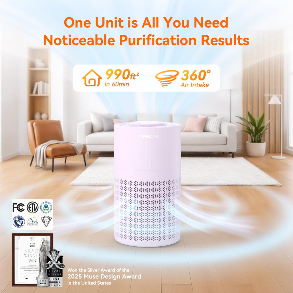AIRROMI Air Purifier for Bedroom with HEPA 3-in-1 Filter, Pet Air Purifier for Home Cat Pee Smell, Covers Upto 990 Ft², Quiet 360°intake Air Cleaner for Pet Hair,Allergies,Pollen,Smoke A2001 Purple