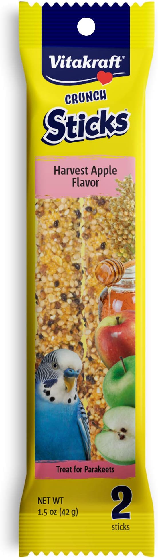 Vitakraft Crunch Sticks Parakeet Treats Golden Honey Flavor – Triple-Baked Snack with Vitamins A D3 E Riboflavin and B12 – Natural Wood Chew Center and Cage Clip Holder – Engaging 2 Stick Pack