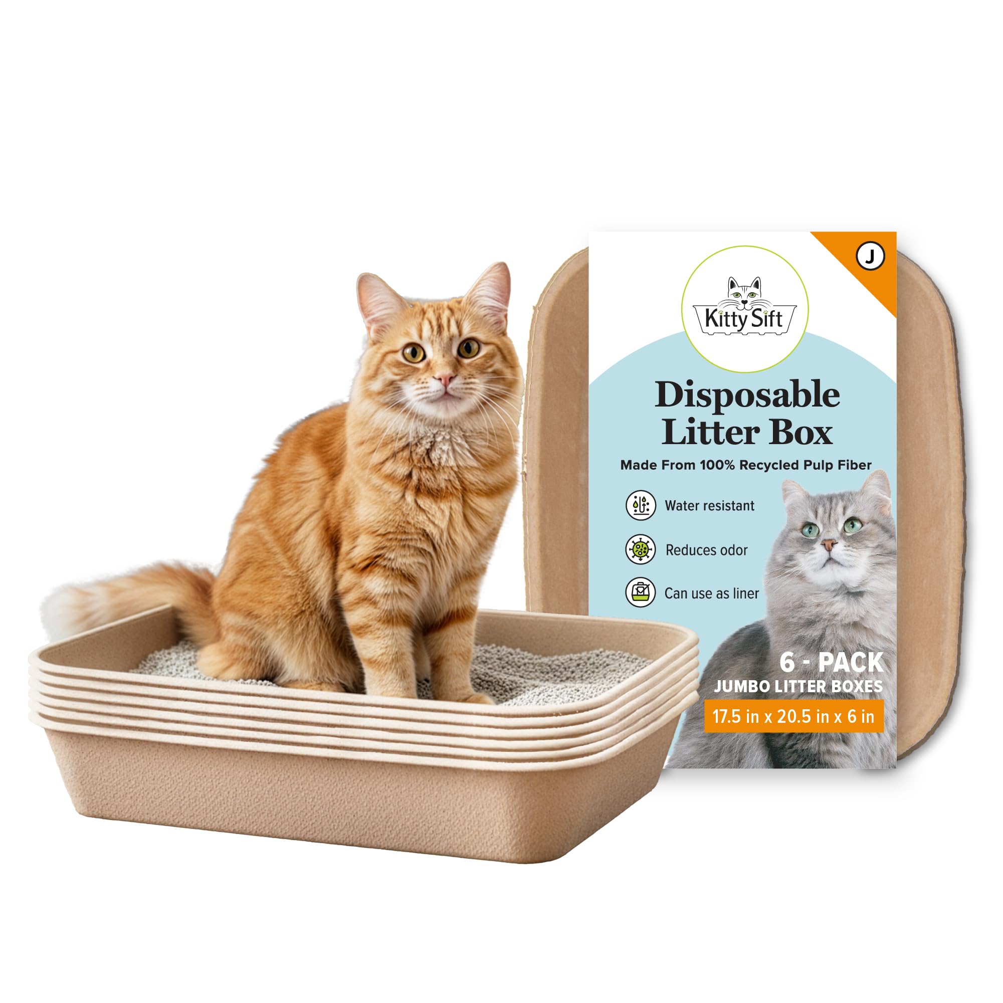 Kitty Sift Disposable Cat Litter Box Jumbo, 6 Count, Durable and Portable for Travel and Home, Eco-Friendly Disposable Litter Box Controls Odor