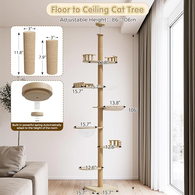 Erinnyees Cat Tree, Floor to Ceiling Cat Tree Height (86-110 in) Adjustable Cat Tower 6 Tier Hemp Scratching Post Cats Activity Center Removable Washable Pads