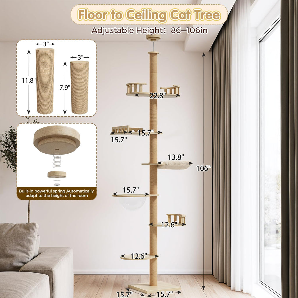 Erinnyees Cat Tree, Floor to Ceiling Cat Tree Height (86-106 in) Adjustable Cat Tower 6 Tier Hemp Scratching Post Cats Activity Center Removable Washable Pads