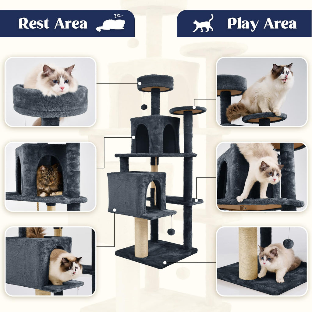 TSCOMON 58.5inch Large Cat Tree Tower Condo for Indoor Cats, Soft Plush Multi-Level Climbing Tree Cat House, Scratching Post, More Entrance/Exit, Sisal Rope, Black Grey