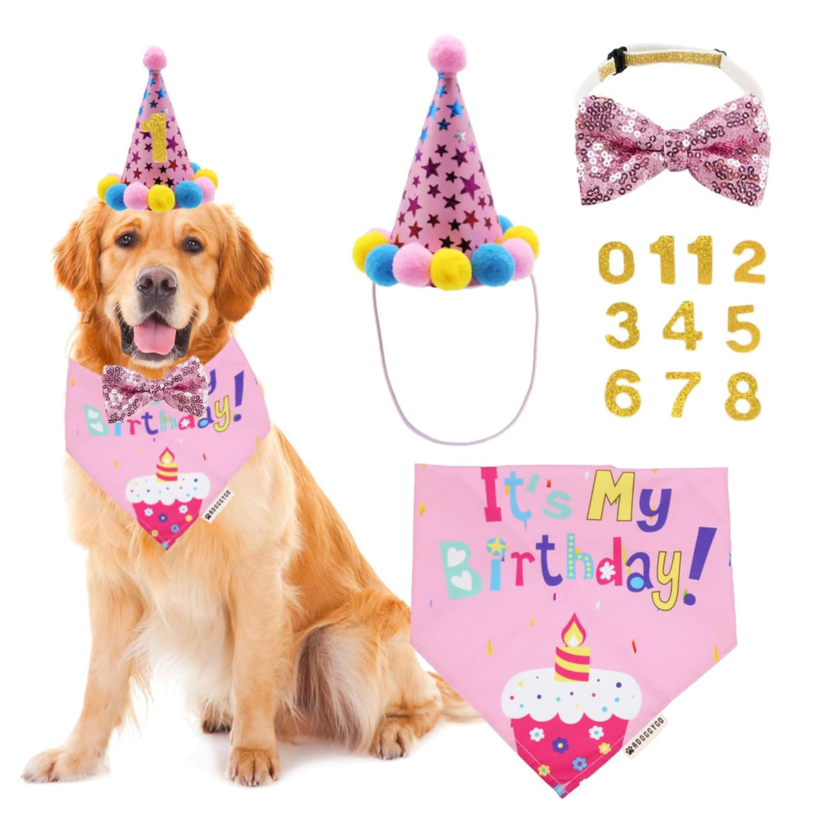 ADOGGYGO Dog Birthday Hat Bandana Bow Tie Set, Navy Blue, Large