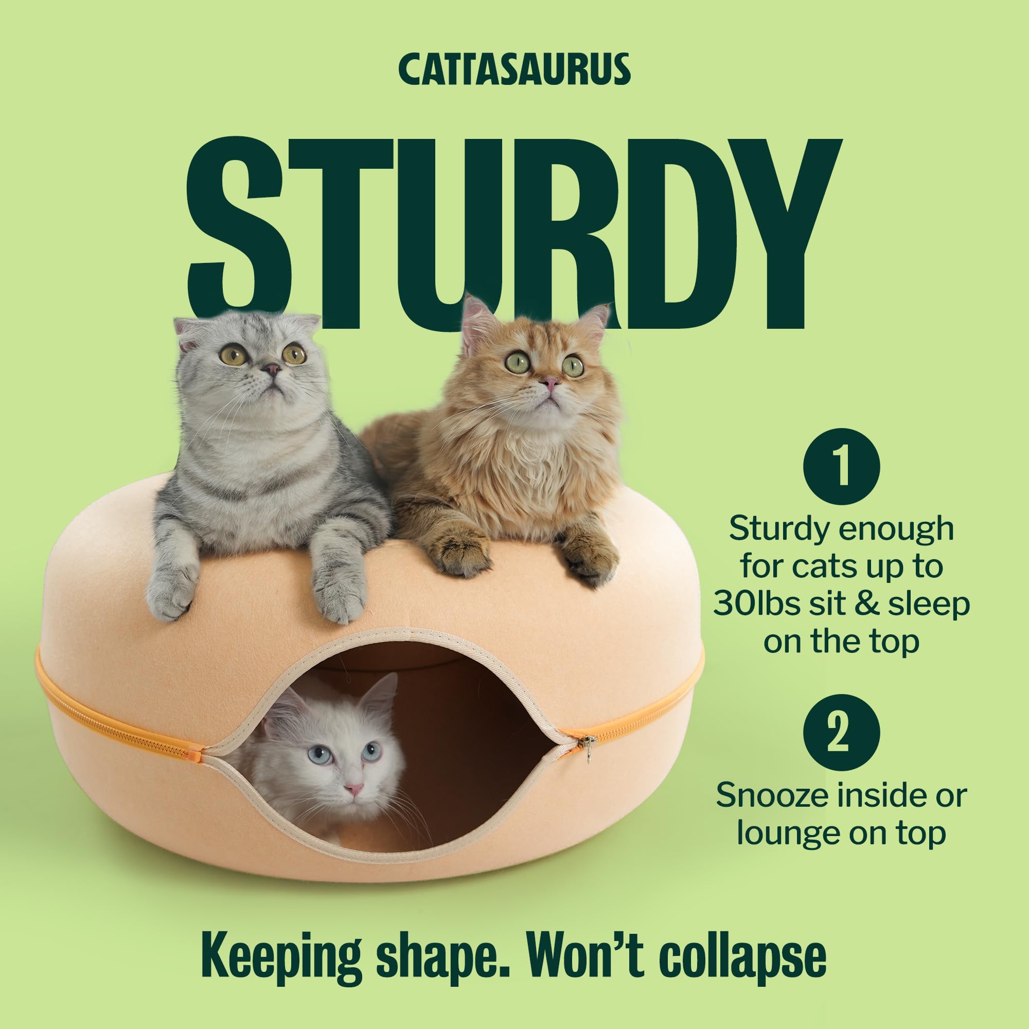 Cattasaurus Peekaboo Cat Cave Donut for Multiple & Large Cats up to 30-45 lbs, 3-in-1 Self Warming Cat Bed, Tunnel & Scratcher for Indoor Cats, Washable & Detachable Dog Bed (Pastel Macaron, Large)