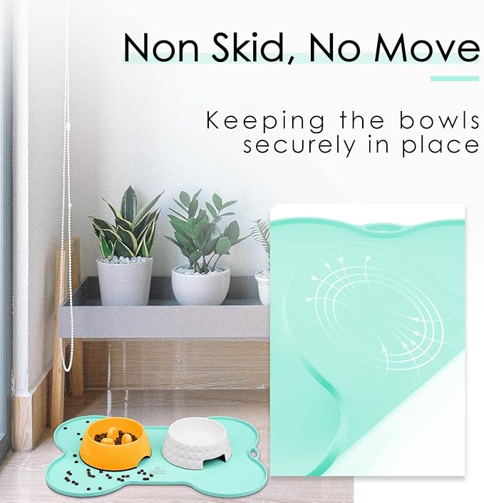 Super Design Dog Food Mat Dog Bowl Mat for Food and Water Silicone Non Spill Cat Feeding Mat Puppy Placemat Waterproof - 20.5" x 14.5", Light Green