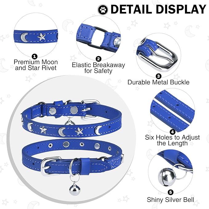 Leather Cat Collars for Boy Girl Cats with Bell and Safety Elastic Belt, Personalized Star and Moon Stud Adjustable Safe Buckle Collar for Kitty Small Big Cats Size 8-12 Inch, Blue