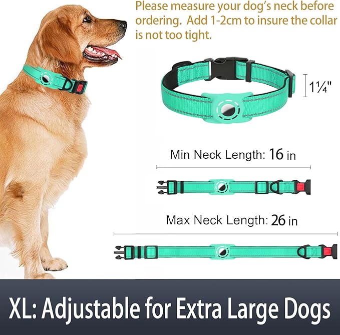 Erbine AirTag Dog Collar with AirTag Holder Compatible for Air Tag, Reflective Soft Padded, Safety Locking Buckle, Adjustable Nylon for Small Medium Large Dogs (Teal,XL)