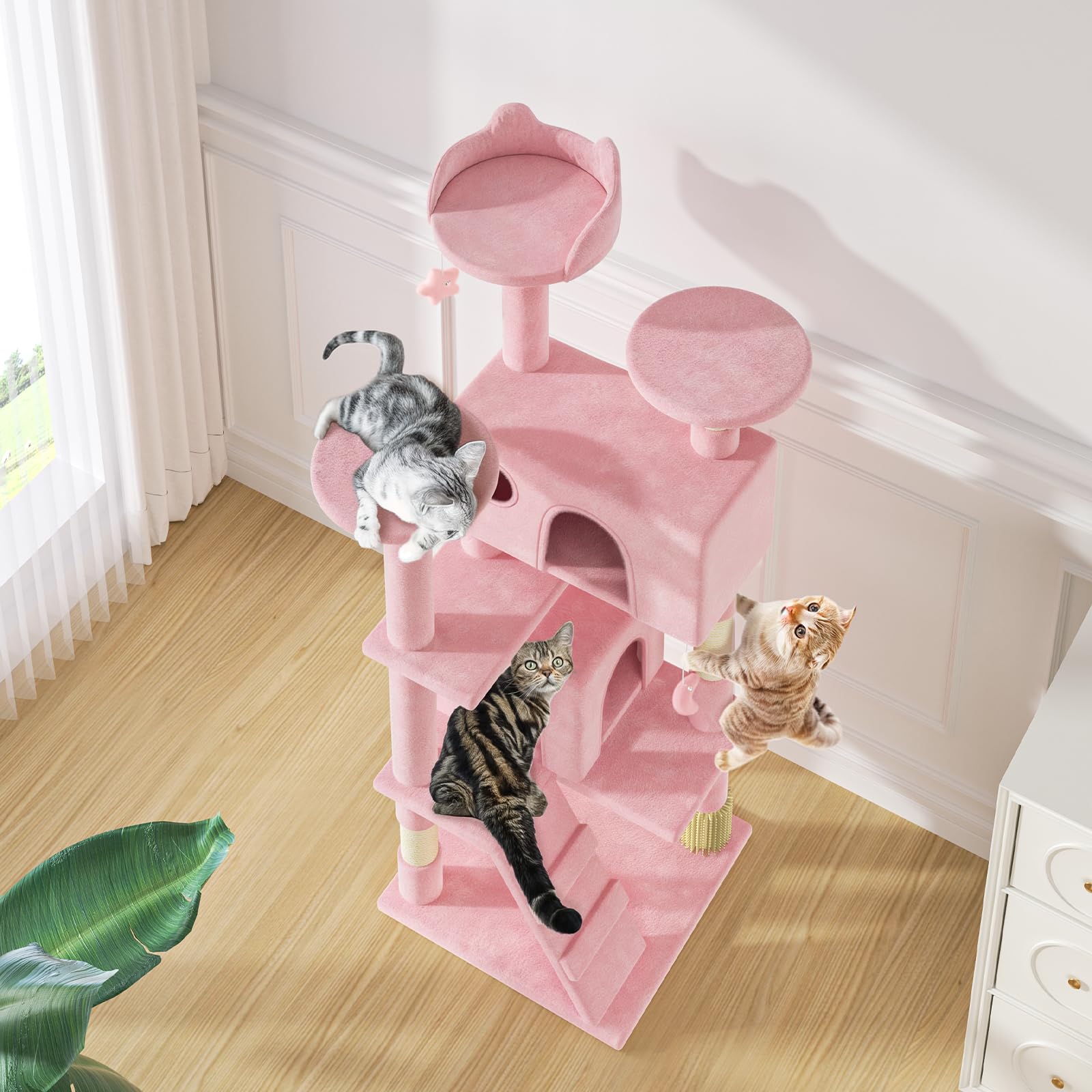 MoNiBloom 54 Inch Cat Tree Tower for Indoor Cats Large Adults, Pink Cat Tower with Scratching Post, Multi-Level Furniture Activity Center with Cat Condo Pet Play House, Soft Pink