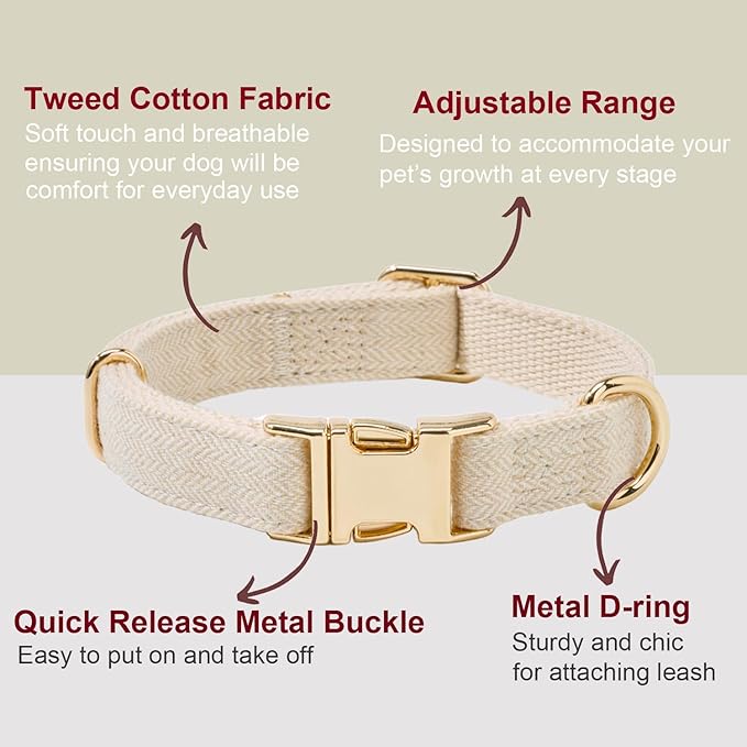 YUDOTE Soft Cotton Hemp Dog Collar with Metal Buckle Adjustable Tweed Dog Collars for Small Medium Large Dogs(Beige,Medium)