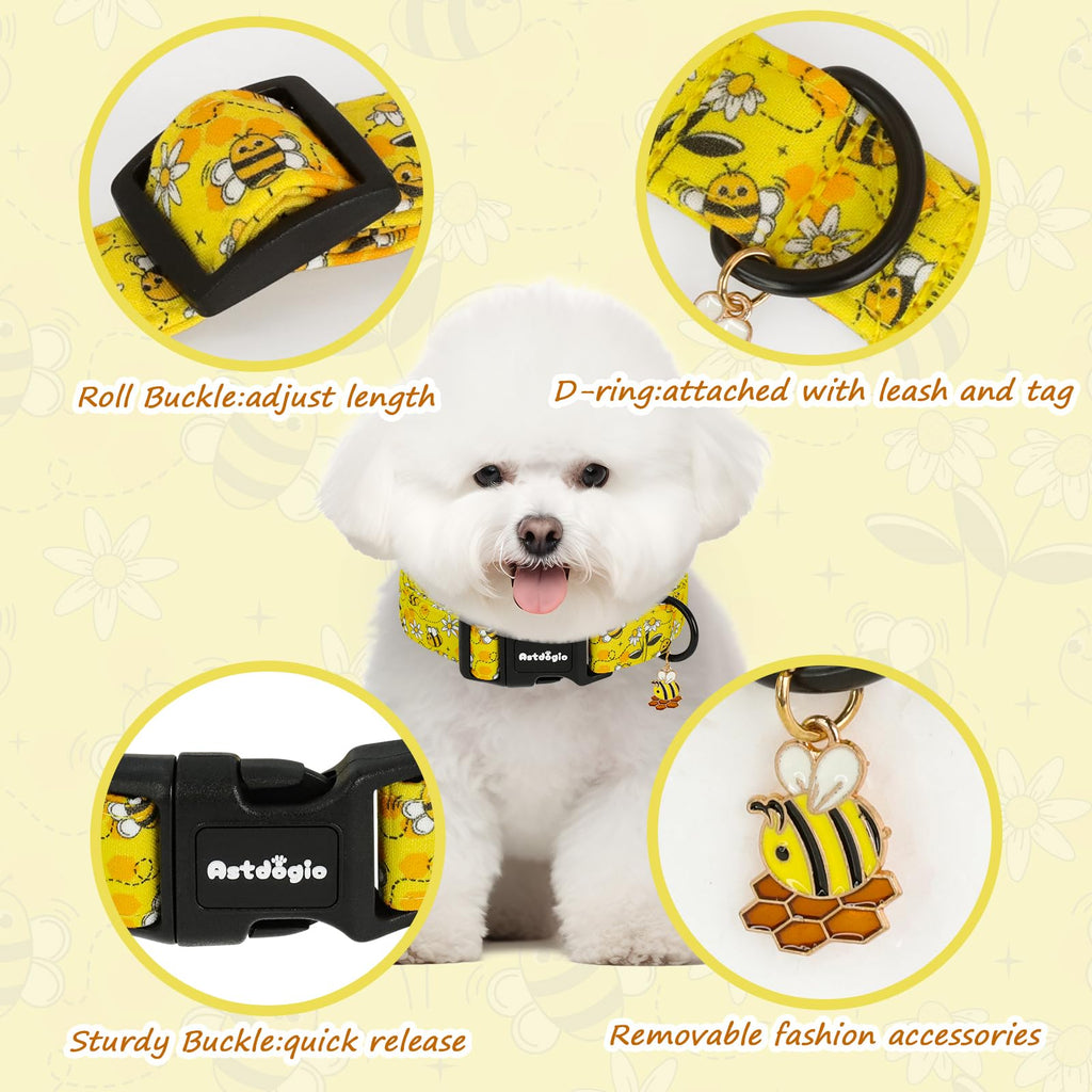 Astdogio Yellow Dog Collar for Small Dogs, Spring & Summer Theme Small Dog Collars Featuring Bee Pollinating White Flowers Pattern, Adjustable Cotton Collar for Girl Boy Dogs -S