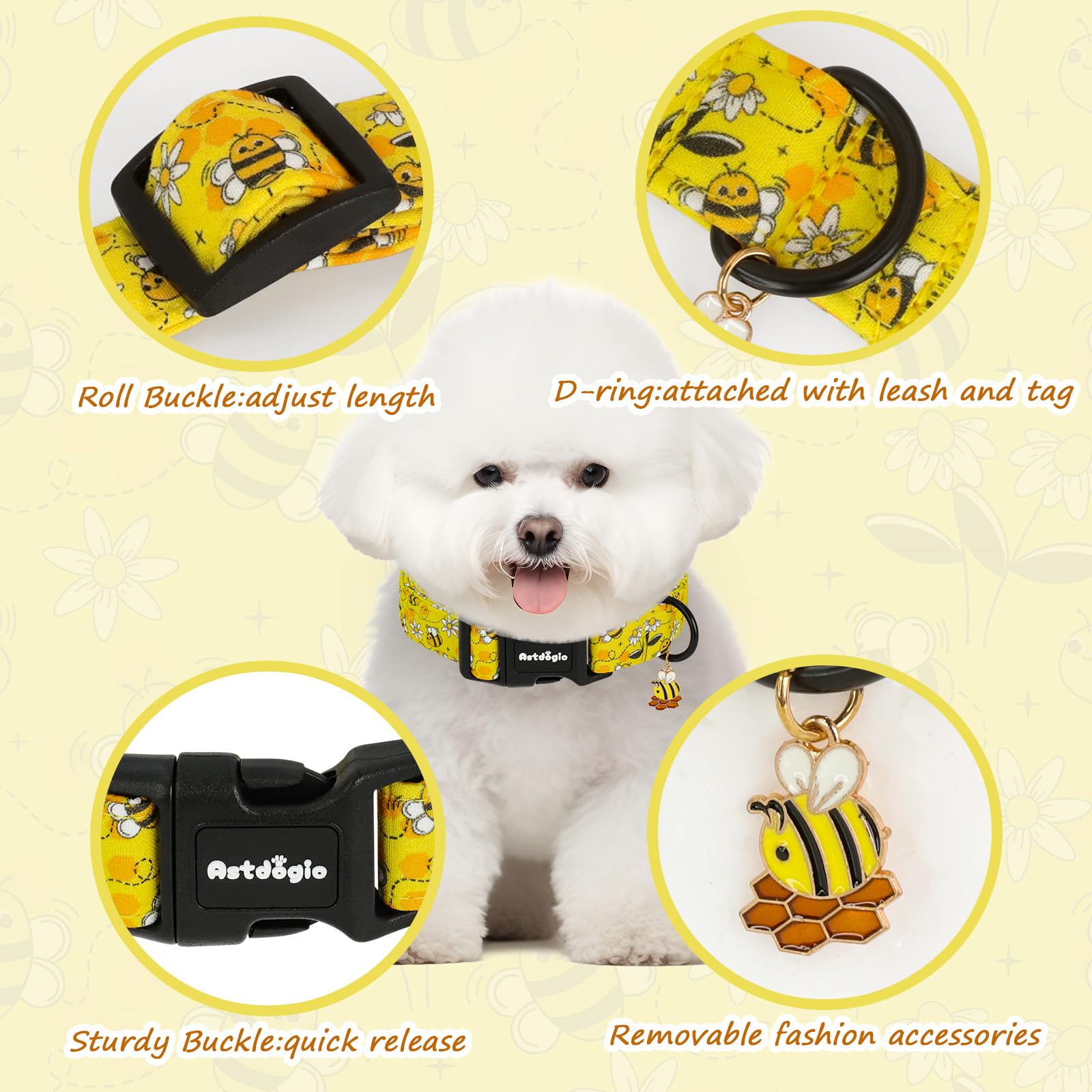 Astdogio Yellow Dog Collar for Small Dogs, Spring & Summer Theme Small Dog Collars Featuring Bee Pollinating White Flowers Pattern, Adjustable Cotton Collar for Girl Boy Dogs -S