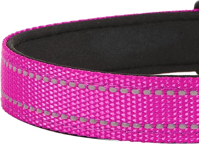 PWOD Reflective Dog Collar, Adjustable Soft Neoprene Padded Nylon Pet Collars with Buckle for Medium Dogs, Rose Red,M