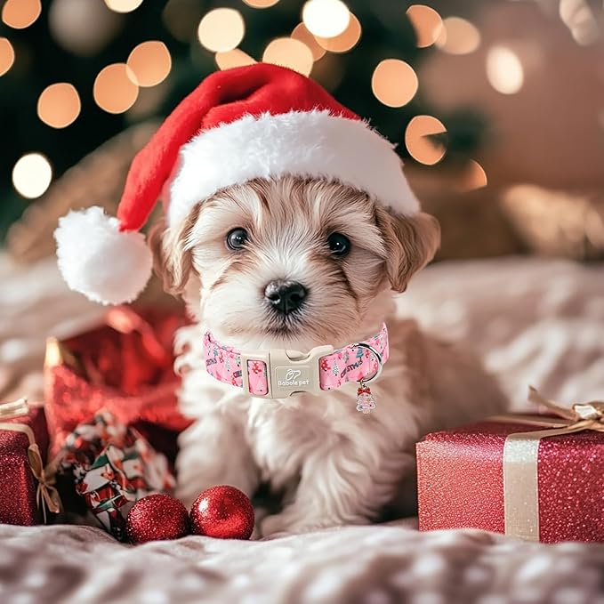 Babole Pet Christmas Dog Collar for Puppy Small Dogs - Cute Xmas Tree Print Pink Christmas Collars for Dogs, Soft Adjustable Winter Holiday Dog Collars with Quick Release Buckle XS