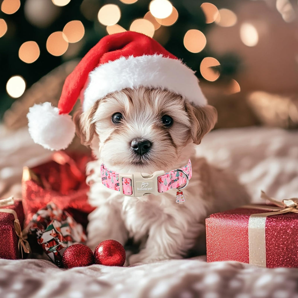 Babole Pet Christmas Dog Collar for Puppy Small Dogs - Cute Xmas Tree Print Pink Christmas Collars for Dogs, Soft Adjustable Winter Holiday Dog Collars with Quick Release Buckle XS