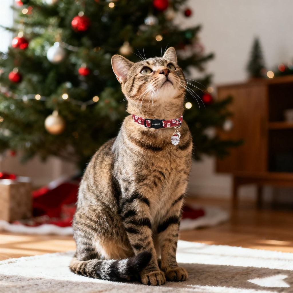 2 Pack Christmas Cat Collars Breakaway with Bell, DOGWONG Safety Buckle Santa Claus Christmas Tree Cute Cat Collar for Girl Boy Cats，Adjustable 7-12 Inch