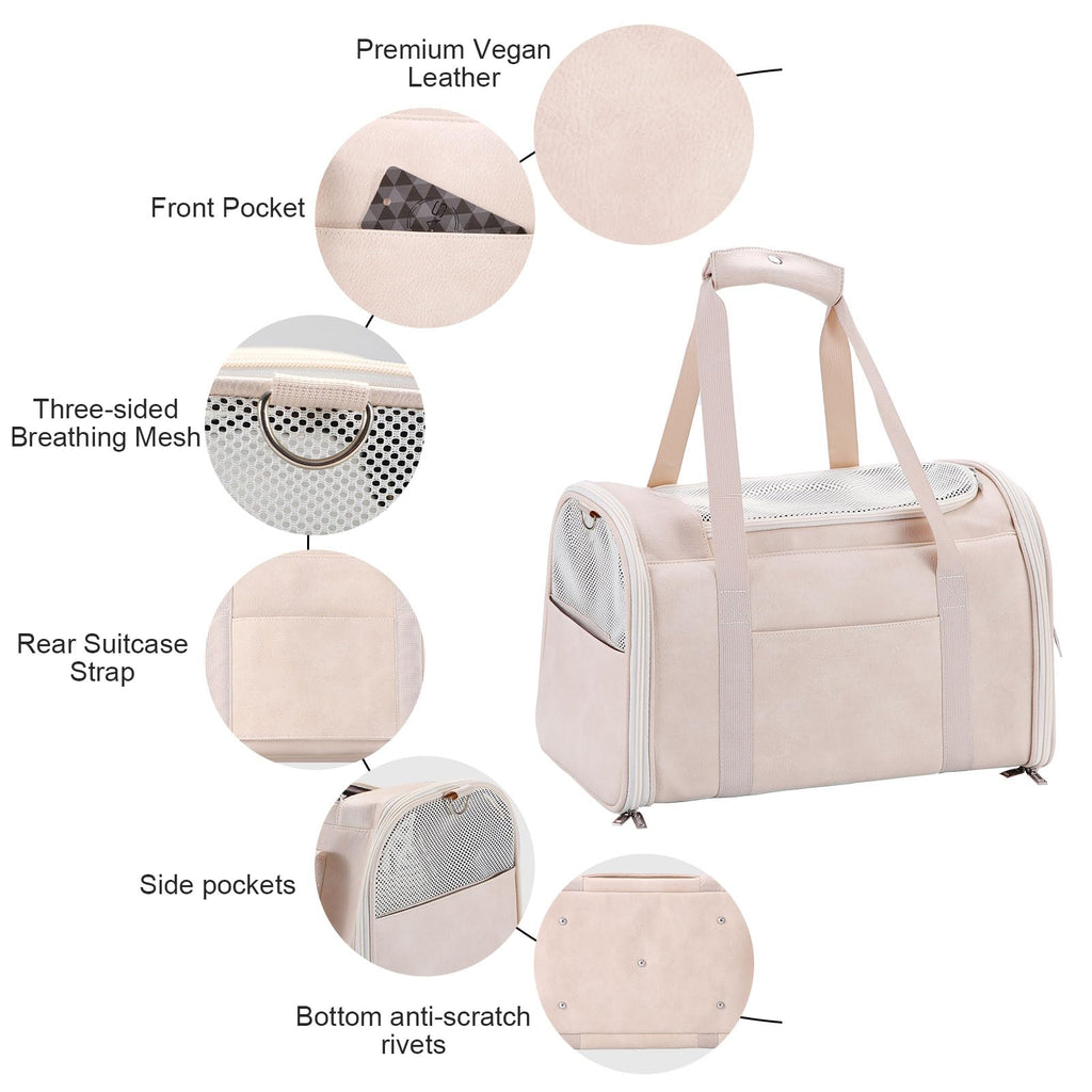 Lasaviin Fashion Leather Dog Carrier Cat Carrier Airline Approved Pet Carrier for Small Medium Dogs Cats Under 15Lbs, Collapsible Soft Sided Travel Puppy Carrier White