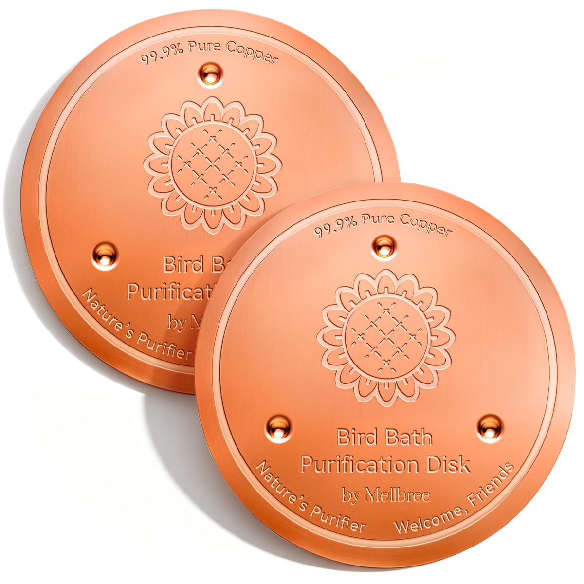 Mellbree 4-Pack Bird Bath Copper Disc, 0.6mm Reinforced 99.99% Pure Copper Cleaning Disk with Triple-Point Support for Physical Safe Clean Water All-Season (Sunflower)