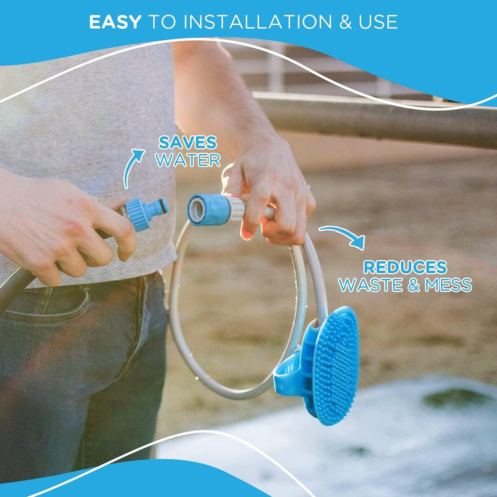 Aquapaw 5-in-1 Horse & Dog Bath Brush & Curry Comb - XL Blue Silicone - Includes 3-ft Shower Hose Attachment & Adapter - Adjustable Spray Scrub Massager - Great for Horses & Big Dogs