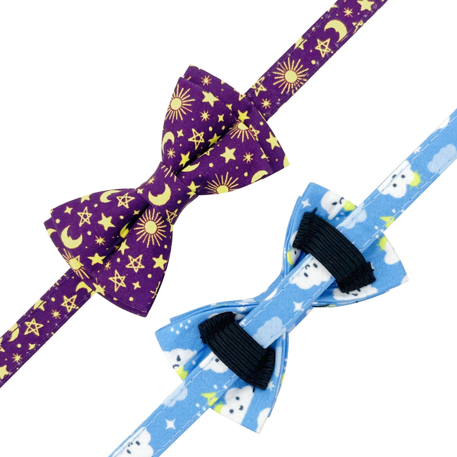 Jelwuion 2 Pack Cotton Cat Collar with Bow Tie and Bell for Girl Boy Cats,Cute Pink Flamingo and Blue Whale Pattern Spring Summer Breakaway Cat Collar for Male Female Cats (Moon&Cloud)