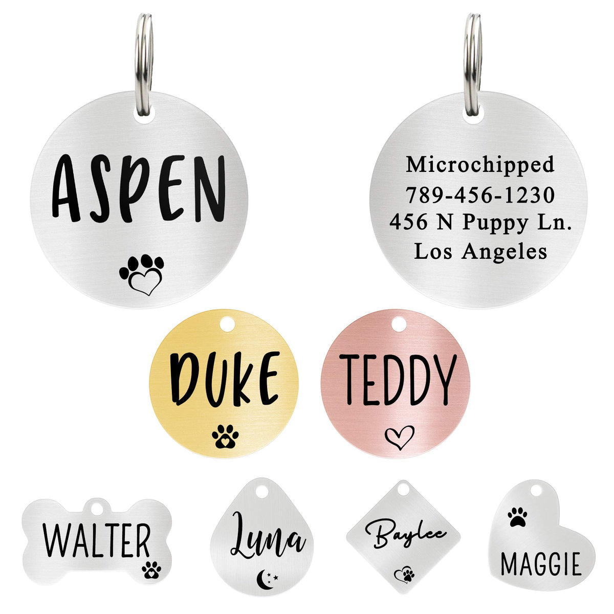 Ultra Joys Custom Personalized Pet ID Tag - Brushed Stainless Steel Heart in Rose Gold, Large