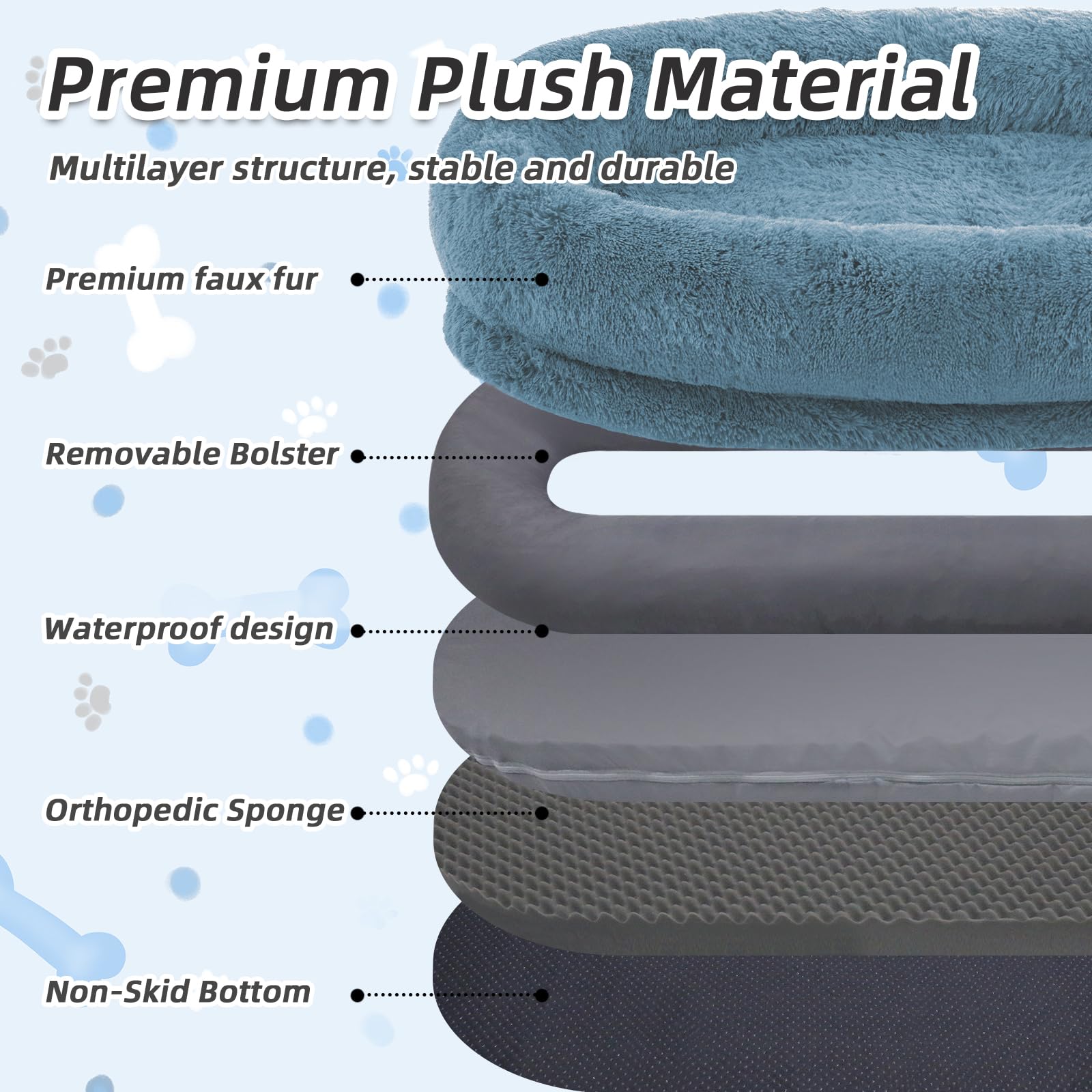 WROS Human Dog Bed, 71"x45"x12" Size Fits You and Pets, Washable Faux Fur Pet Bed for People Doze Off, Napping Orthopedic Dog Bed, Present Plump Pillow, Blanket, Strap - Navy