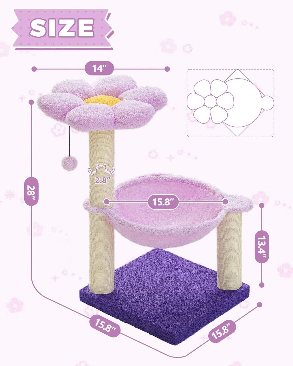 MUTTROS Flower Cat Scratching Post, 28" Cute Cat Tree Tower for Indoor Cats with Large Hammock Soft Perch Bed, Replaceable Toy Ball for Kittens, Purple