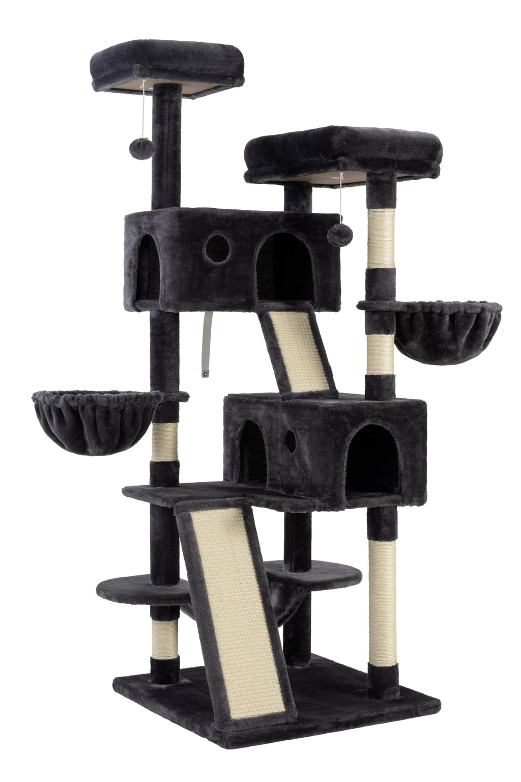 WEEWAY Cat Tree Tower for Indoor Cats,65'' Multi-Level Cat Furniture Activity Center,Stand House Condo Cave,Sisal Scratching Posts Ramps,Plush Perches Platforms Basket Hammock, Dark Grey