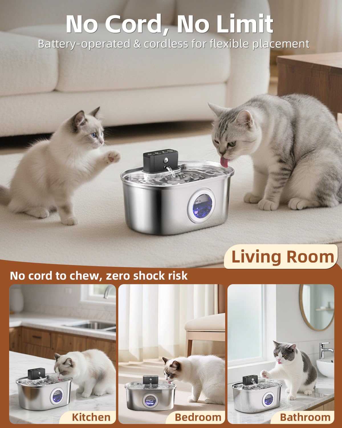 Emdoro Cordless 3.2L/108oz Stainless Steel Cat Water Fountain Pet Fountain