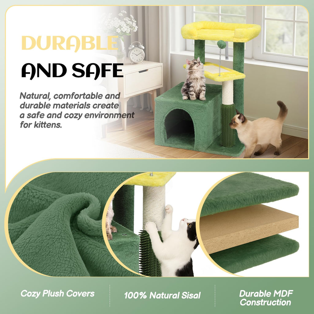 VINGLI Cat Tree, 27 inch Small Cat Tower with Scratching Post and Pad, Cat Condo for Indoor Kittens Padded Top Bed, Cats Indoor Activity Center (Yellow & Green)