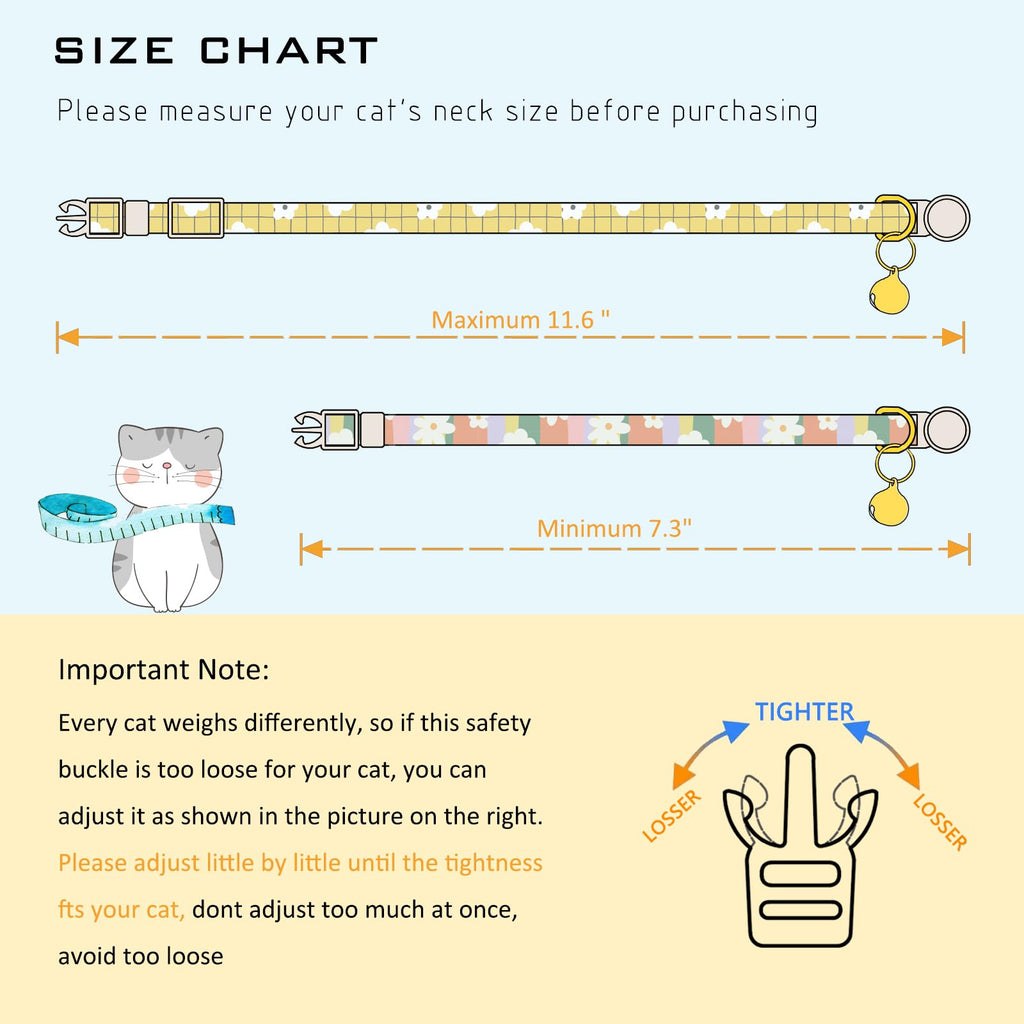 Faygarsle 2 Pack Striped Plaid Floral Pattern Cat Collars Breakaway Safety Collar with Bell Spring Summer Design for Girl Cats,Yellow Multicolor