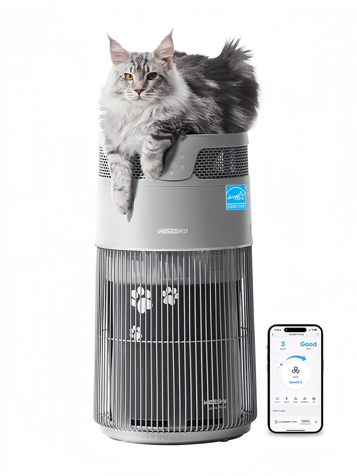 WISESKY Cat Air Purifier with Bite-Resistant Cord & Wide Grille and Tip-Over Protection | Air Purifier for Home with 360° Air Intake for Pet Hair | APP Control | Covers Up to 1644 Sq.Ft