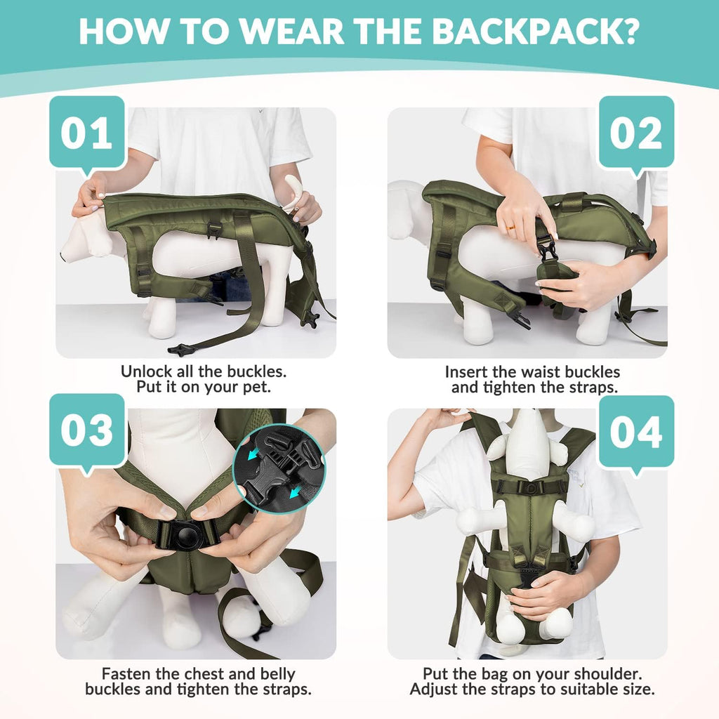 Dog Carrier Backpacks, Adjustable Dog Backpack Carrier, Legs Out Easy-fit Dog Chest Carrier for Medium Small Dogs, Hands Free Dog Front Carrier for Hiking, Cycling（Green M）