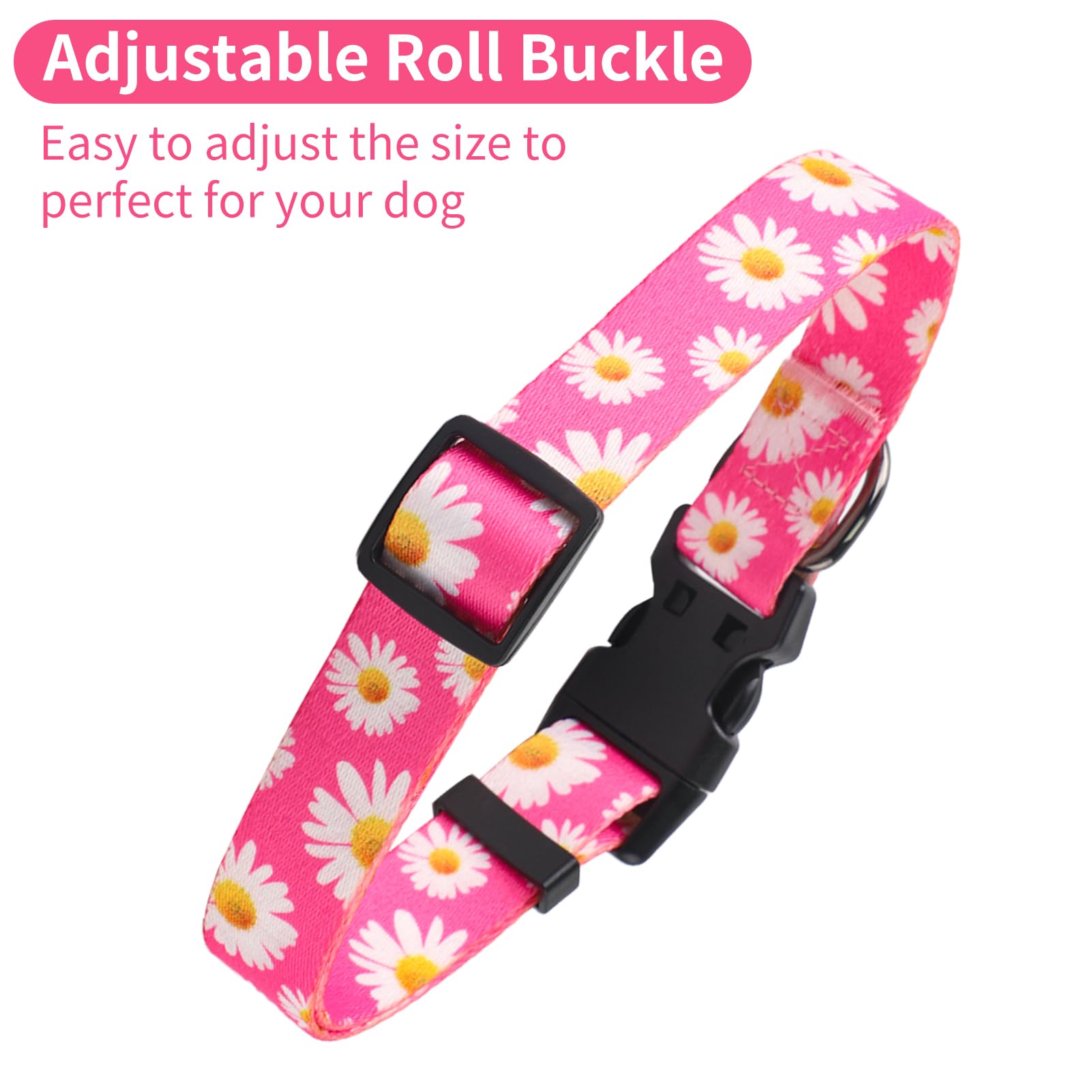 QQPETS Adjustable Soft Dog Collar: Print Flower Pink Multicolor Cute Patterns for XS Small Medium Large Pet Girl Boy Puppy Walking Running Training (XS, Small Daisies)