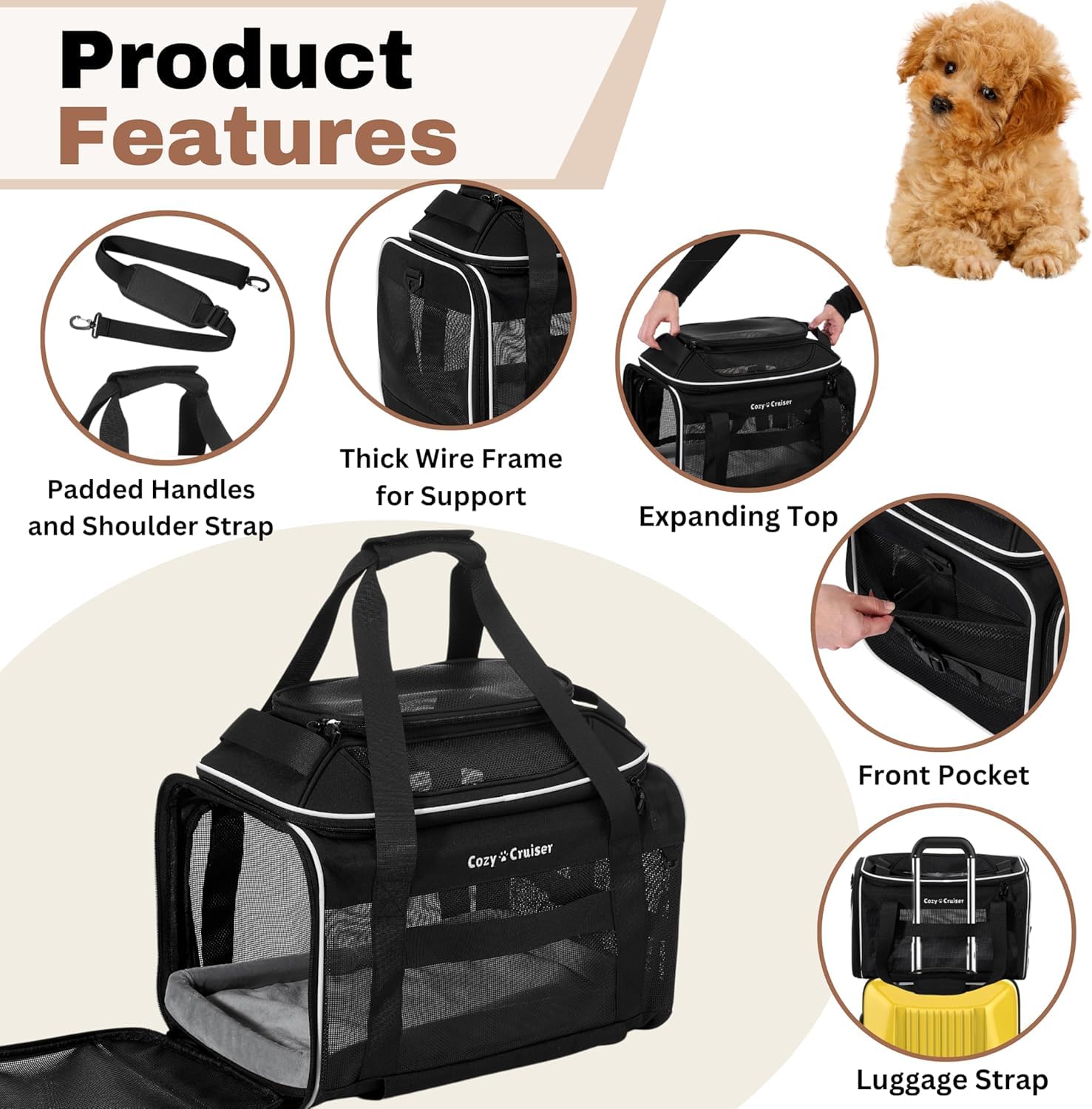 Cozy Cruiser Airline Approved Top-Expanding Pet Carrier on Wheels- Rolling Carrier- Designed for Dogs & Cats- Extra Spacious Soft Lined Carrier! 18x11x11 (Original Mesh Sides)