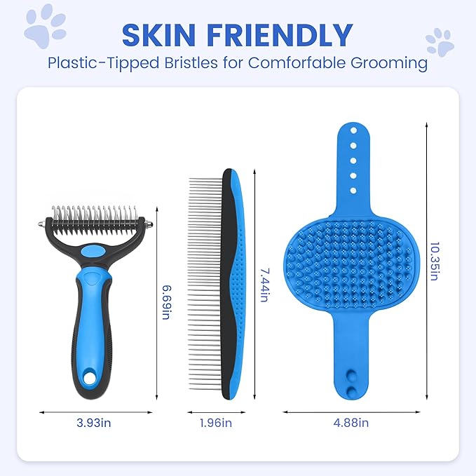 Double-Sided Pet Grooming Rake - 4-in-1 Professional Pet Grooming Kit Deshedding Dematting Tool for Dogs Cats Extra-Wide Grooming Brush & Deshedder Comb for Long & Short Haired Pets (Blue Kit 4PCS)