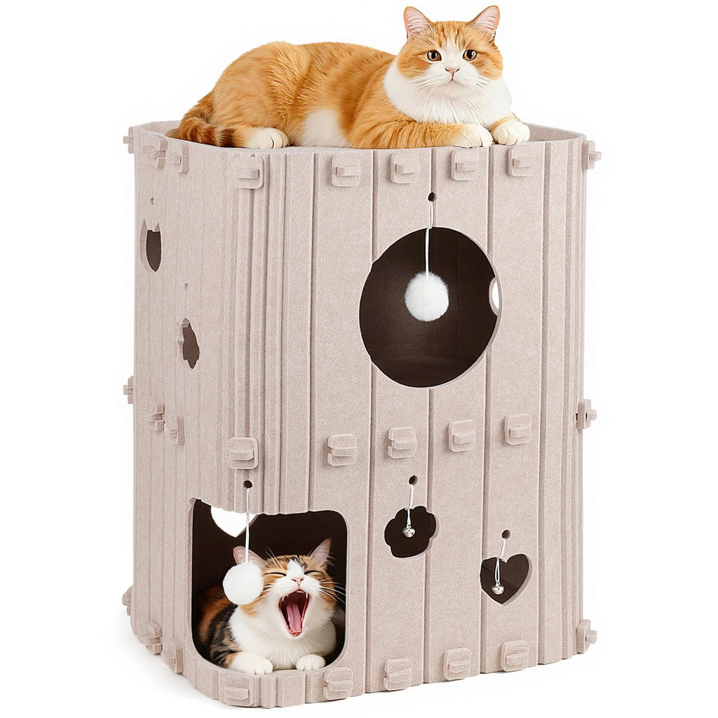 TOYSBOOM Cat House for Indoor Cats - 2-Story Enclosed Cat Bed Cave for Multiple & Large Cats, Felt Covered Pet Hideaway Tunnel Condo House, Kitty Hut Hideout Cube, Scratch Resistant, Beige