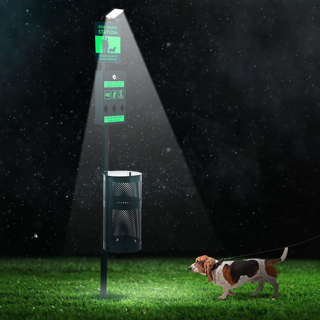 Tujoe Dog Waste Station with Solar Panels Outdoor Light Up at Night,Galvanized Steel Dog Trash Bin Dispenser,Rust Proof LED Pet Station for Commercial Park Backyard (with Trash Bin)