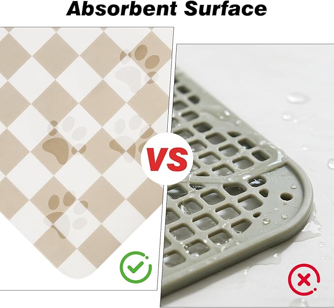 Checkered Dog Food Mat, Absorbent Leak-Proof Pet Feeding Mat, Quick Dry Cat Food Mat for Messy Drinkers 16" x 24" Khaki