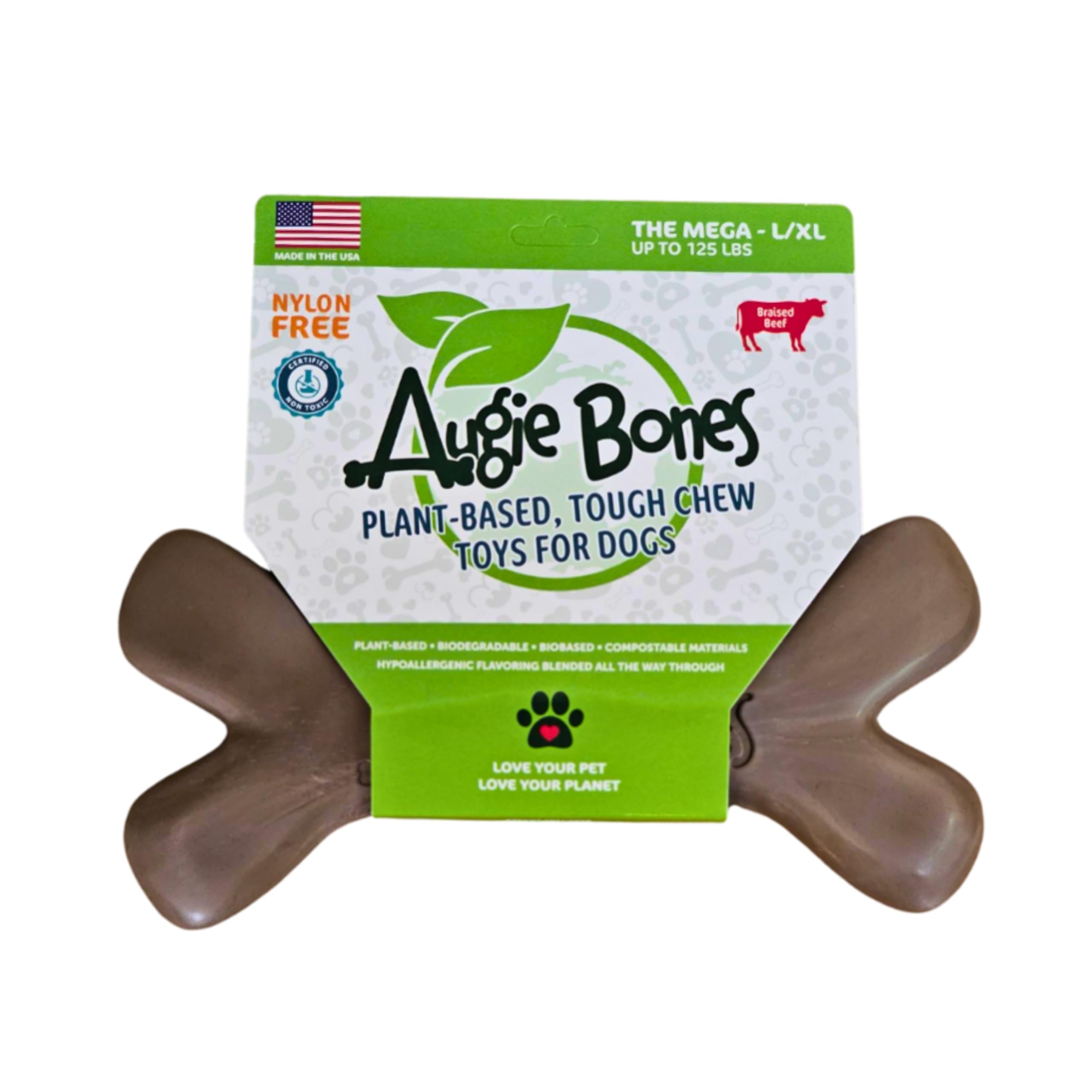 Augie Bones Non-Toxic Dog Toys - Sustainable Beef Flavored Dog Chew Toys for Aggressive Chewers - Plant-Based Bioplastic Pet Toys - Made in The USA (Mega)