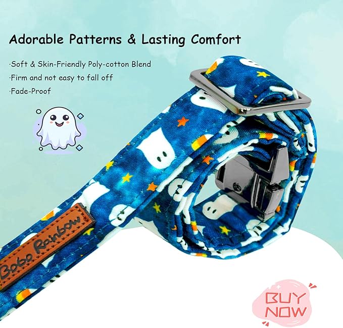 Bobo Rainbow Halloween Dog Collar, Ghost Print Adjustable Pet Collar Blue Cute Cotton Soft Collars with Bow Tie Fall Metal Buckle Holiday Puppy Collars Boy&Girl Gift for X-Small Dogs