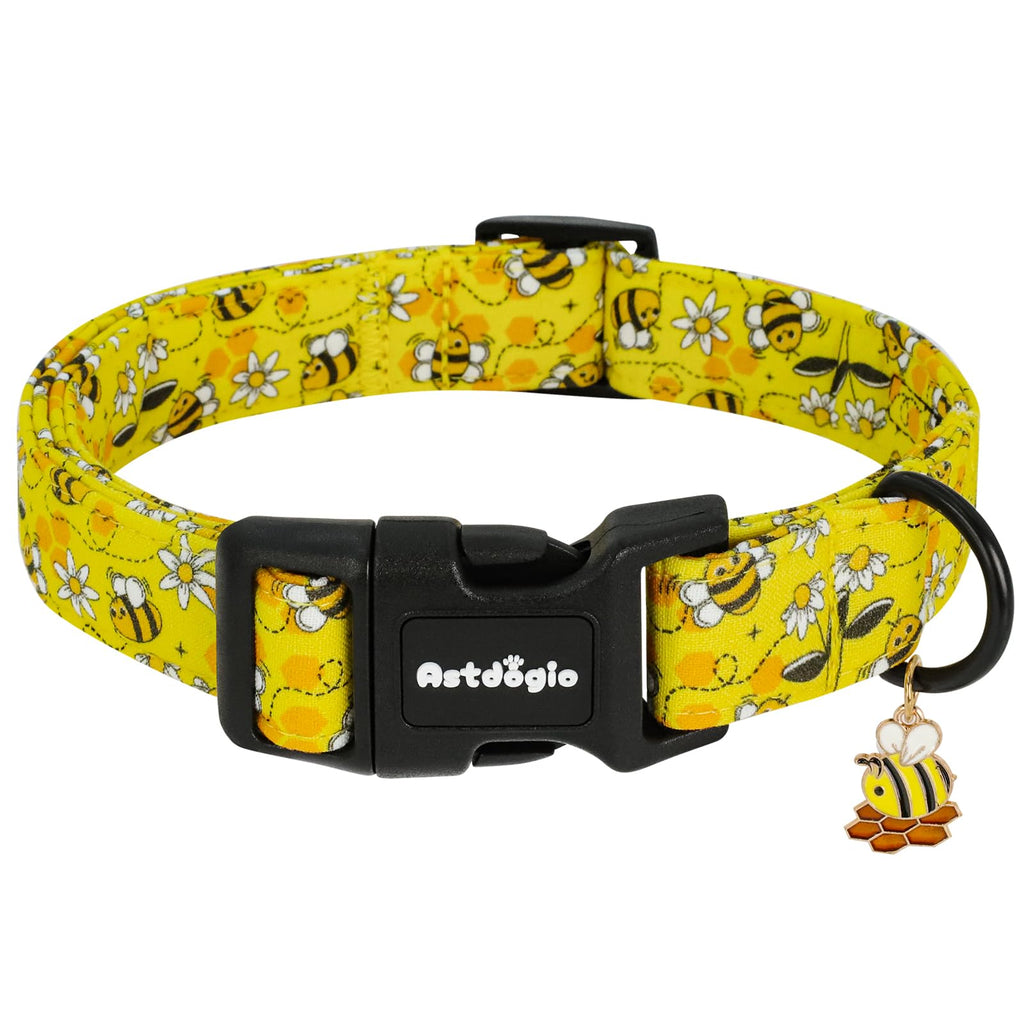 Astdogio Yellow Dog Collar for Small Dogs, Spring & Summer Theme Small Dog Collars Featuring Bee Pollinating White Flowers Pattern, Adjustable Cotton Collar for Girl Boy Dogs -S