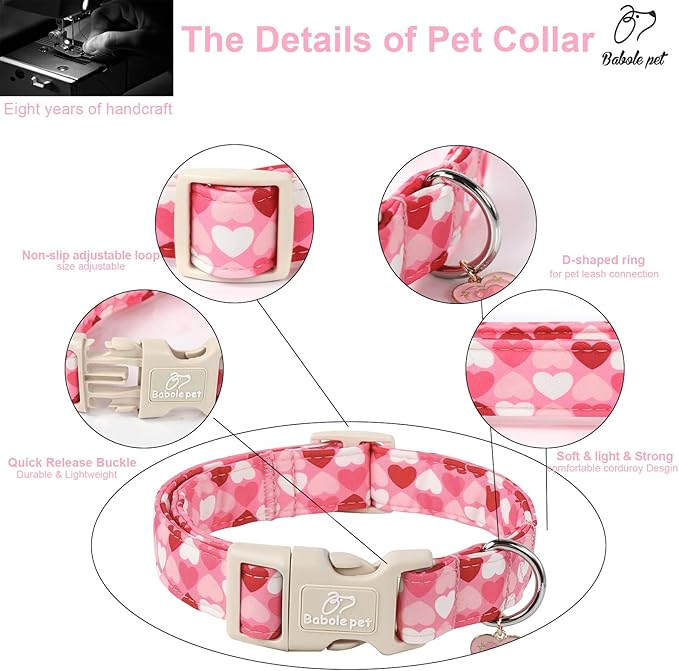 Babole Pet Valentines Dog Collar for Giant Large Dogs - Cute Valentine Pink Hearts Girl Dog Collars, Adjustable Girly Puppy Collar with Quick Release Buckle for Female Dogs XL