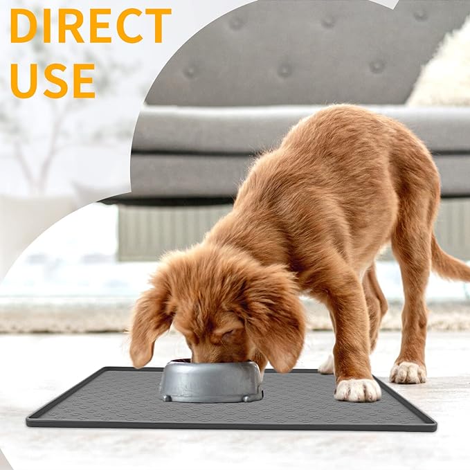 Ptlom Pet Placemat for Dog and Cat, Mat for Prevent Food and Water Overflow, Suitable for Small, Medium and Big Pet, 18" 12", Grey, Silicone