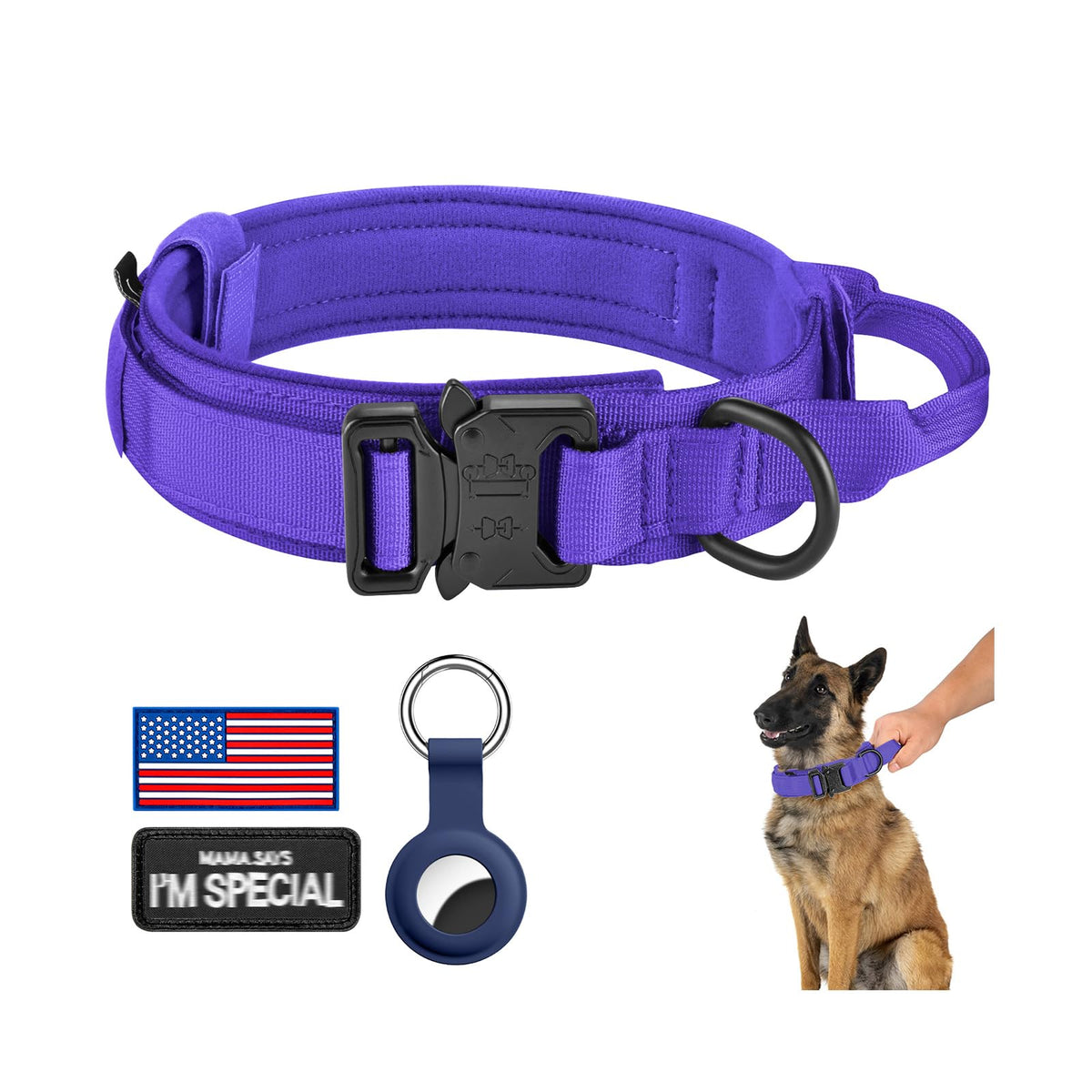 DAGANXI Tactical Dog Collar, Adjustable Military Training Nylon Dog Collar with Control Handle and Heavy Metal Buckle for Medium and Large Dogs, with Patches and Airtags Case (L, Pink)