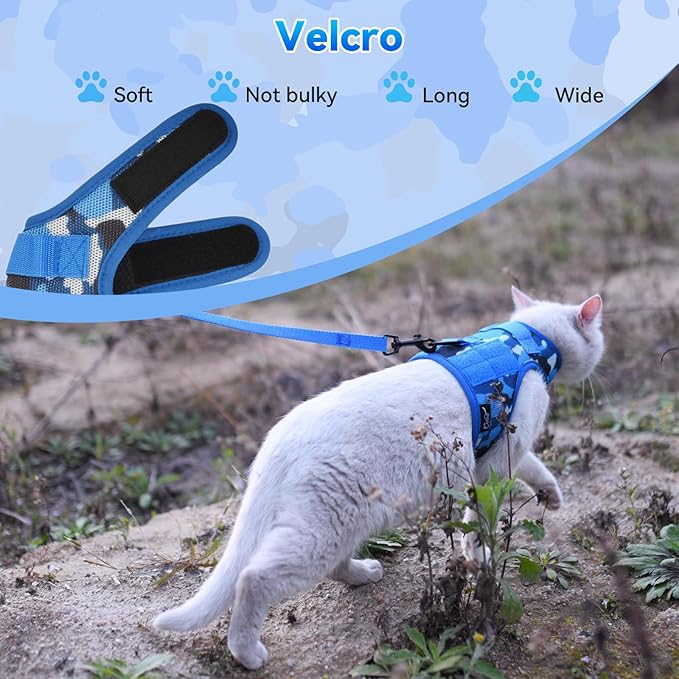 Tactical Kitty Harness and Leash for Walking Escape Proof Breathable Mesh Fabric, Ocean Camo, Small, Adjustable Cat Walking Jackets, Padded Stylish Cat Vest