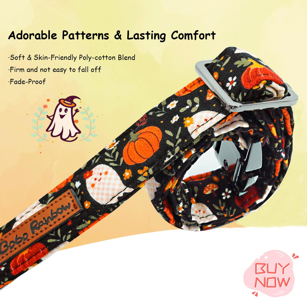 Bobo Rainbow Halloween Dog Collar, Ghost Print Adjustable Pet Collar Fall Pumpkin Cute Cotton Soft Collars with Bow Tie Fall Metal Buckle Holiday Puppy Collars Boy&Girl Gift for Medium Dogs