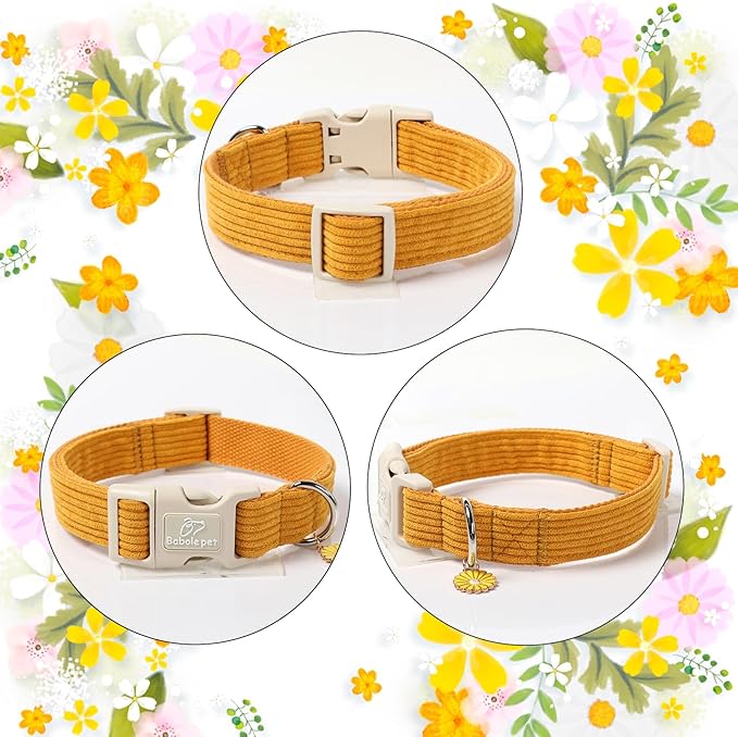 Babole Pet Cute Corduroy Dog Collar - Mustard Yellow Adjustable Dog Collars for Medium Dogs 25-50lbs, Fade-Proof with Secure Snap & Little Charm, Christmas Birthday Gift, M